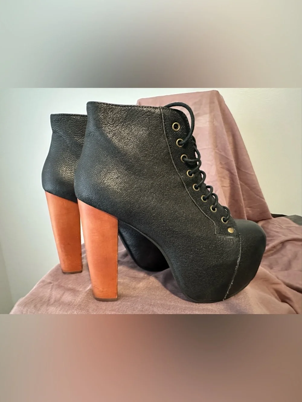 Jeffrey Campbell Lita Black Lace-Up Platform Ankle Boots with Brown Block Heel - Picture 1 of 4